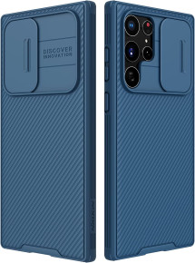 Луксозен твърд гръб със силиконова рамка Nillkin Cam Shield Pro за Samsung Galaxy S22 Ultra 5G S908 син